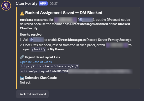 Ranked assignment saved but the DM was blocked, with steps to fix it