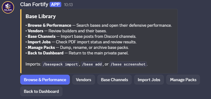Base Library panel with Browse, Vendors, Import Jobs and Manage Packs buttons