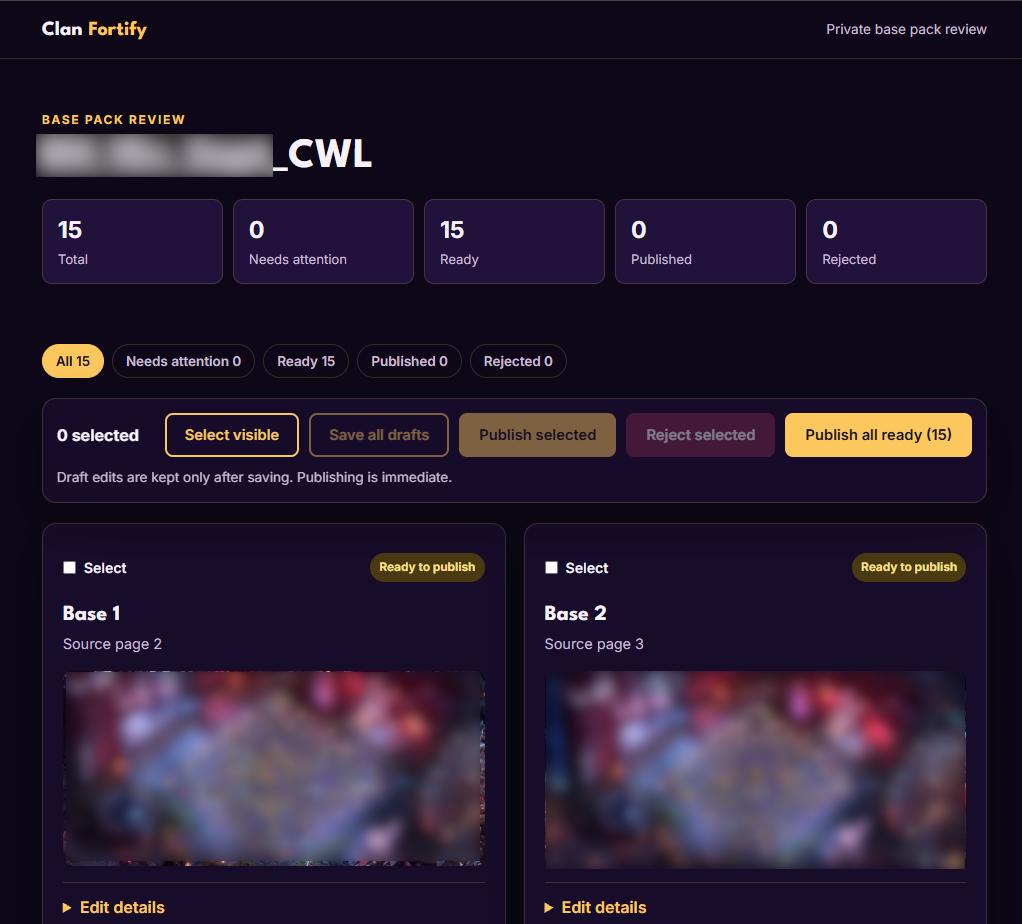 Base pack review page with ready-to-publish bases