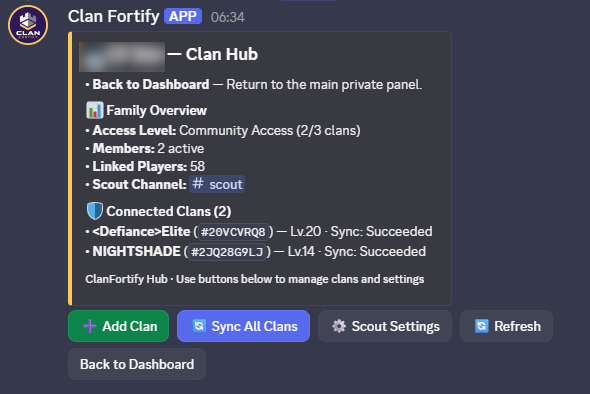 Clan Hub showing connected clans and Add Clan, Sync All Clans and Scout Settings buttons