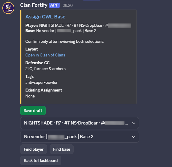 Guided CWL assignment with player and base menus and a Save draft button