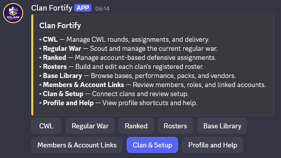 The /fortify Leader Hub with CWL, Regular War, Ranked, Rosters and Base Library buttons