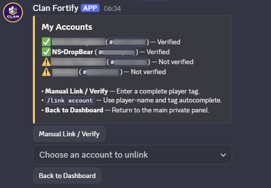 My Accounts panel listing linked Clash accounts