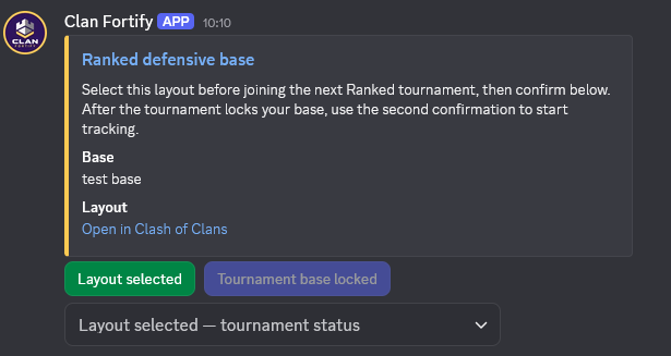 Ranked defensive base DM with Layout selected and Tournament base locked buttons