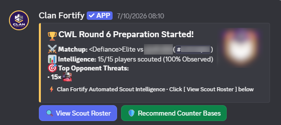 Discord post: CWL round preparation started with scout roster and counter base buttons
