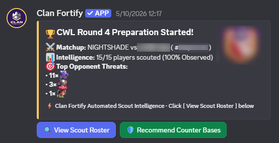 Discord post: CWL round preparation with 15 of 15 players scouted and top opponent threats
